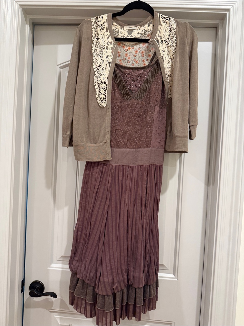 hazel mauve layered maxi dress with taupe cardigan and cream lace collar